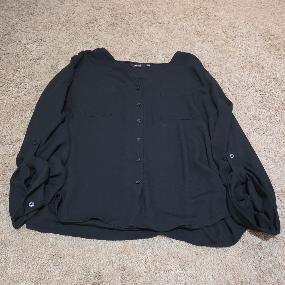 Apt 9 Black Blouse Womens XL V-Neck Roll Tab Sleeve Lightweight Shirt Casual Top